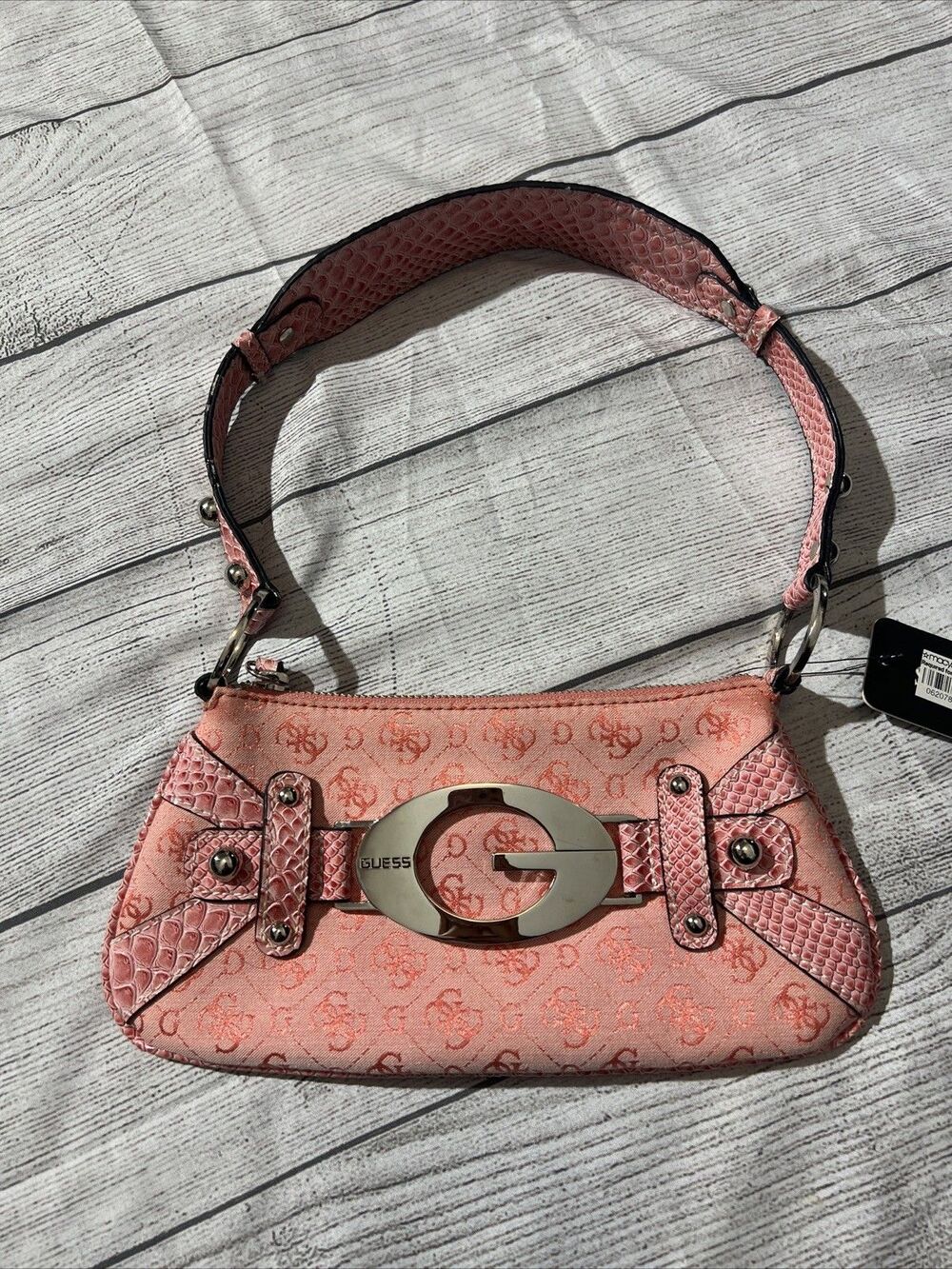 Vintage Guess Shoulder Bag Y2K Pink Zip Studded Monogram 00's Baguette